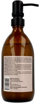 Brązowa butelka żelu pod prysznic Magnolia & Lilac, widok z tyłu z czarną pompką i etykietą ze składnikami.