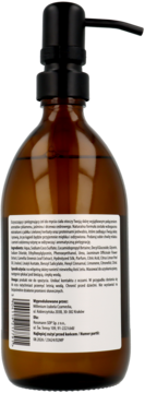 Tył brązowej butelki żelu pod prysznic Cyclamen & Jasmine & Cedarwood z czarną pompką, widoczną etykietą i składem.