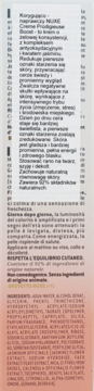 Tył opakowania kremu NUXE Creme Prodigieuse Boost z opisem i składem, biało-różowy.