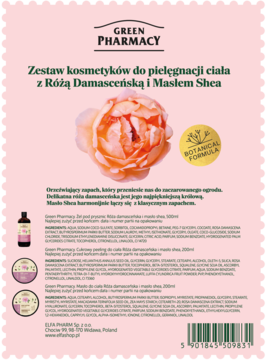 Tył opakowania zestawu kosmetyków Green Pharmacy z Różą Damasceńską i Masłem Shea, różowe tło z różą.