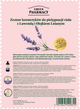 Tył opakowania zestawu Green Pharmacy Lawenda i Len do pielęgnacji ciała, różowe tło z kwiatami lawendy.