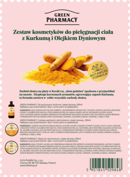 Tył różowego opakowania zestawu Green Pharmacy z kurkumą i olejkiem dyniowym. Widoczne składniki, ikony produktów i kod EAN.