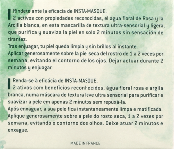 Tył opakowania maski Nuxe Insta-Masque z wodą różaną i białą glinką, instrukcje po hiszpańsku i portugalsku.