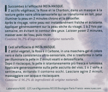 Nuxe Insta-Masque: zbliżenie na tekst opisu żelowej maski detoksykująco-rozświetlającej z różą i węglem.