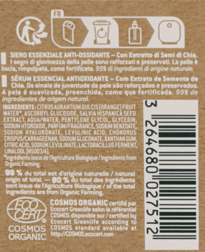 Tył kartonowego opakowania serum Nuxe Bio Organic z chia, widoczna lista składników, certyfikaty i kod EAN.