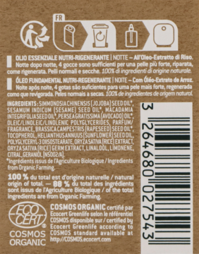 Tył brązowego opakowania olejku Nuxe Bio Organic na noc z listą składników, certyfikatami i kodem kreskowym.