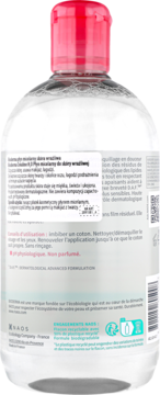 Tył butelki płynu micelarnego Bioderma Crealine H2O dla skóry wrażliwej, z różową zakrętką i informacjami o produkcie.