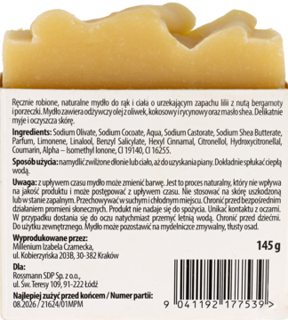 Tył opakowania naturalnego mydła Manufaktura Piękna o zapachu lilii, z widocznym składem i wagą 145g.