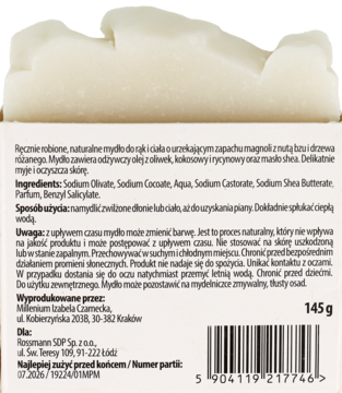 Tył naturalnego mydła Manufaktura Piękna Magnolia & Lilac & Rose tree, z tekstem i gramaturą 145g.