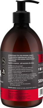 Tył brązowej butelki żelu pod prysznic 8w1 dla mężczyzn, z polskim opisem i żeń-szeniem, logo Vegan.