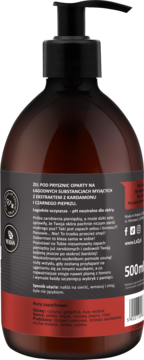 Tył brązowej butelki żelu pod prysznic LaQ 500ml dla mężczyzn, z pompką, wegański, kardamon i pieprz.