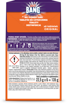 Tył opakowania Cillit Bang WC Power Tabs, pomarańczowo-fioletowe tabletki do czyszczenia toalety z opisem.