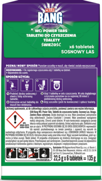 Tył fioletowo-zielonego opakowania tabletek Cillit Bang Power Tabs Sosnowy Las do czyszczenia WC.