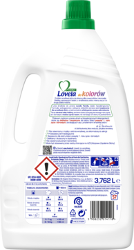 Tył opakowania hipoalergicznego płynu do prania Lovela Family do kolorów, biała butelka z zieloną nakrętką.