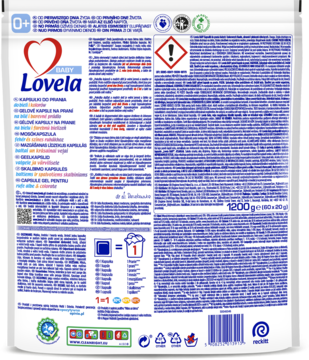 Tył białego opakowania Lovela Baby hipoalergicznych kapsułek do prania dla dzieci 0+, z instrukcjami i symbolami.