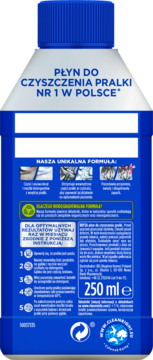 Tył opakowania płynu do czyszczenia pralki Bryza 250ml, biało-niebieska butelka z instrukcjami.