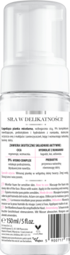 Tył białej butelki pianki micelarnej 150ml do cery wrażliwej z opisem składników aktywnych: CICA, prebiotyk.