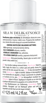 Tył butelki dwufazowego płynu micelarnego 125ml. Widoczny skład i opis do demakijażu wrażliwej cery.