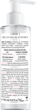 Kojący żel micelarny do cery wrażliwej, tył butelki z białą pompką, widoczne info o składzie.