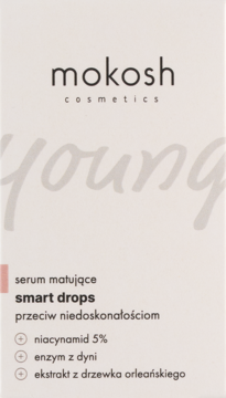 Białe pudełko Mokosh Young Smart Drops serum matujące przeciw niedoskonałościom z niacynamidem 5%, widok z przodu.