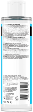 Tył przezroczystej butelki Neutrogena Hydro Boost Micellar Water 400ml, z białym korkiem i informacjami.