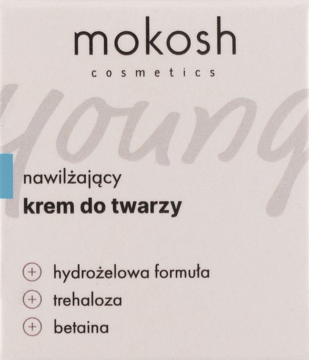 Mokosh Young nawilżający krem do twarzy w beżowym pudełku, widok z przodu. Hydrożelowa formuła, trehaloza i betaina.