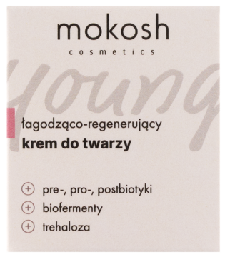 Mokosh Young łagodząco-regenerujący krem do twarzy, białe pudełko, widok z przodu, z pre-, pro-, postbiotykami.