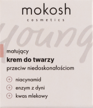Krem do twarzy Mokosh Young matujący, przeciw niedoskonałościom, z niacynamidem. Opakowanie, widok z przodu.