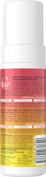 Tył białej butelki rozświetlającej pianki do mycia twarzy z witaminą C, etykieta z gradientem, 150 ml.