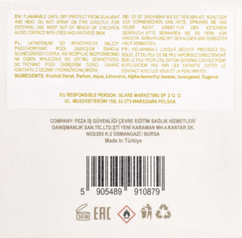 Tył beżowego opakowania perfum Golden Notes, widoczne ostrzeżenia, składniki, kraj produkcji i kod kreskowy.