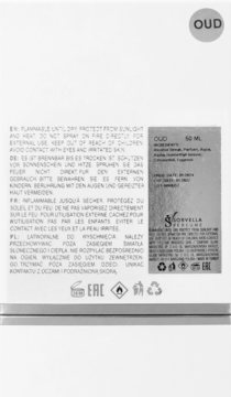 Tył białego opakowania perfum OUD 50ml z wielojęzycznymi ostrzeżeniami i listą składników.