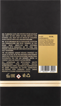 Tył czarnego opakowania perfum V-237 50 ML z listą składników, ostrzeżeniami i kodem kreskowym.