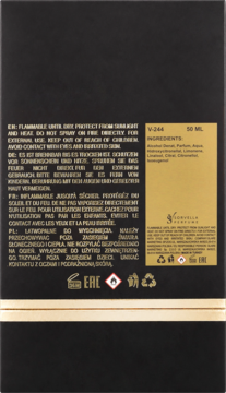 Tył czarnego opakowania perfum Sorvolia 50 ml ze złotymi etykietami, składem i ostrzeżeniami.