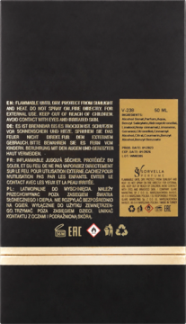 Tył czarnego opakowania perfum Sorvella V-238 50 ml, ze złotymi detalami i białymi ostrzeżeniami.