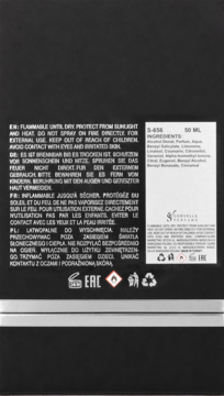 Tył ciemnego opakowania perfum 50 ml, z białymi napisami ostrzegawczymi w 4 językach i listą składników.