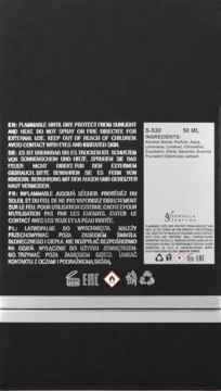 Sorvella S530, tył czarnego opakowania wody perfumowanej 50ml. Widoczne ostrzeżenia, składniki, logo.