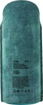 Tył turkusowej, błyszczącej butelki mgiełki Cosme 100ml, morski zapach, z listą składników.