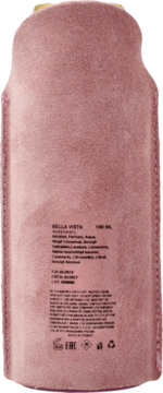 Różowe, filcowe etui mgiełki Bella Vista 100 ml, tył z listą składników i symbolami.