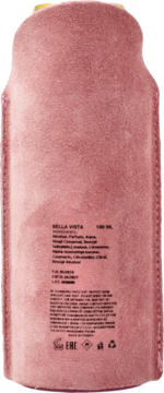 Tył różowej mgiełki zapachowej Bella Vista 100 ml w teksturowanej puszce, widoczne składniki i złote wieczko.