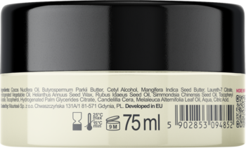 Tył słoiczka balsamu do mycia twarzy 75 ml, jasna etykieta ze składnikami i kodem kreskowym, czarna nakrętka.