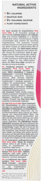 Tekst opakowania Pink Acne Killer, lista naturalnych składników: Calamine, Salicylic Acid, Colloidal Sulphur.
