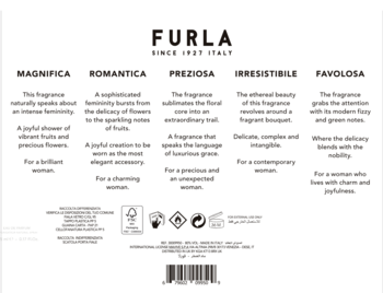 Tył opakowania Furla Perfume Collection z opisami pięciu zapachów: Magnifica, Romantica, Preziosa, Irresistibile, Favolosa.