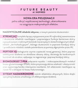 Tekst marketingowy Future Beauty AI Inspired na białym tle z różowymi ramkami, opisujący składniki aktywne kremu.