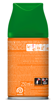 Tył zielono-pomarańczowego wkładu Air Wick 250ml do odświeżacza, z informacjami i ikonami bezpieczeństwa.