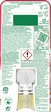 Tył opakowania wkładu Air Wick do elektrycznego odświeżacza, z buteleczką 19 ml, instrukcjami i symbolami.