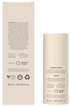 Resibo Slow Down serum ujędrniające 30ml. Beżowa butelka i opakowanie z polskim opisem, składnikami.