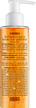 Tył butelki rozświetlającego żelu do mycia twarzy z wit. C i kwasem glikolowym, pomarańczowy płyn z drobinkami.