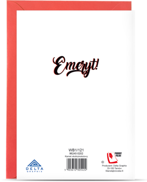 Tył białej kartki okolicznościowej dla emeryta z czerwonym obramowaniem i napisem „Emeryt!”.