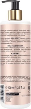 Tył butelki nawilżającego płynu micelarnego 400ml, z widocznymi składnikami: HERO 3 [PEP]™ i kwasem hialuronowym.