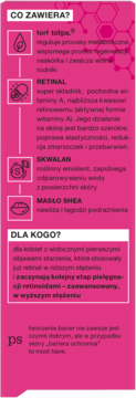 Różowa etykieta serum Tołpa Clinical Boosts Retinal Advanced, opisująca retinal, skwalan i masło shea.